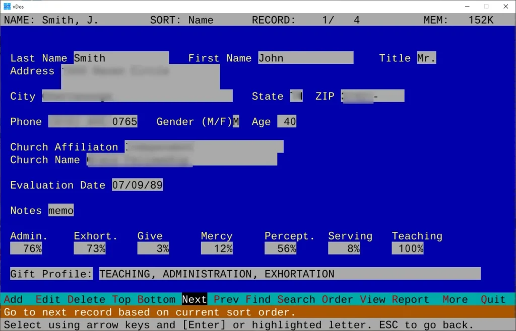 GiftQuest Legacy Report original DOS program screen showing Romans 12 spiritual gift percentages and gift profile results.