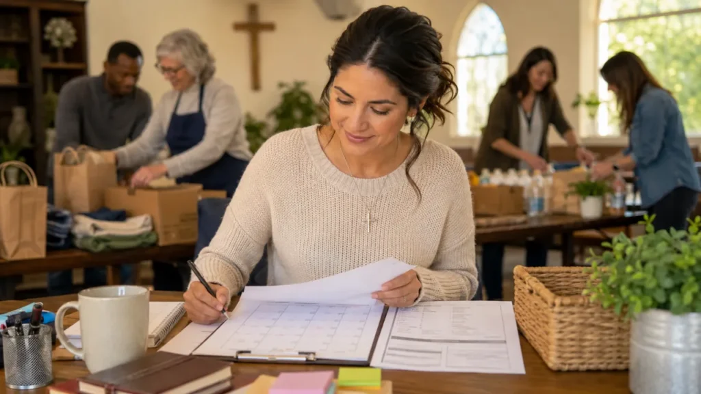 A church volunteer with the spiritual gift of Administration organizing ministry plans, people, schedules, and resources.