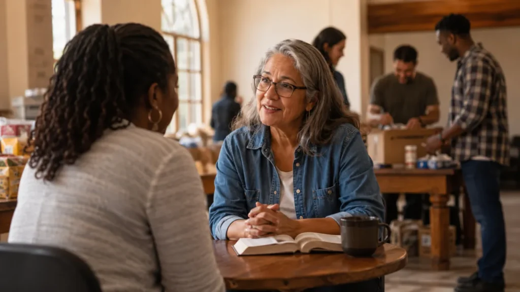 A Christian volunteer with the spiritual gift of Exhortation encouraging another person during a church ministry conversation.