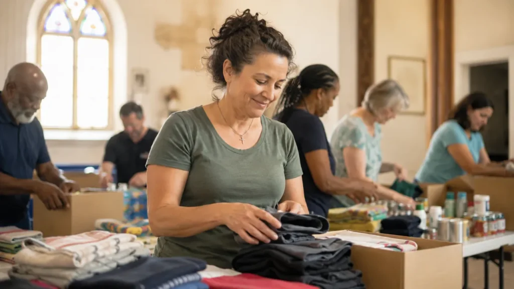 A Christian volunteer with the spiritual gift of Giving quietly providing resources for a church outreach ministry.