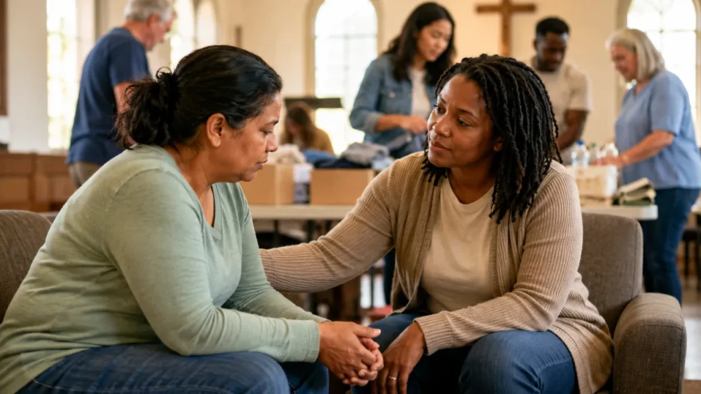 A Christian volunteer with the spiritual gift of Mercy compassionately supporting someone in a church ministry setting.